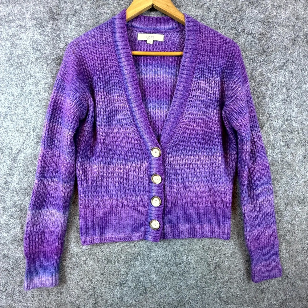 LOFT Cardigan Sweater Womens Large‎ Purple Striped Soft Cozy V-Neck Knit Button